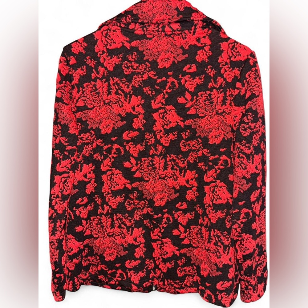 Vintage Onque Casual Floral Jacquard Red and Black Textured Women's Zip Jacket - Picture 3 of 4